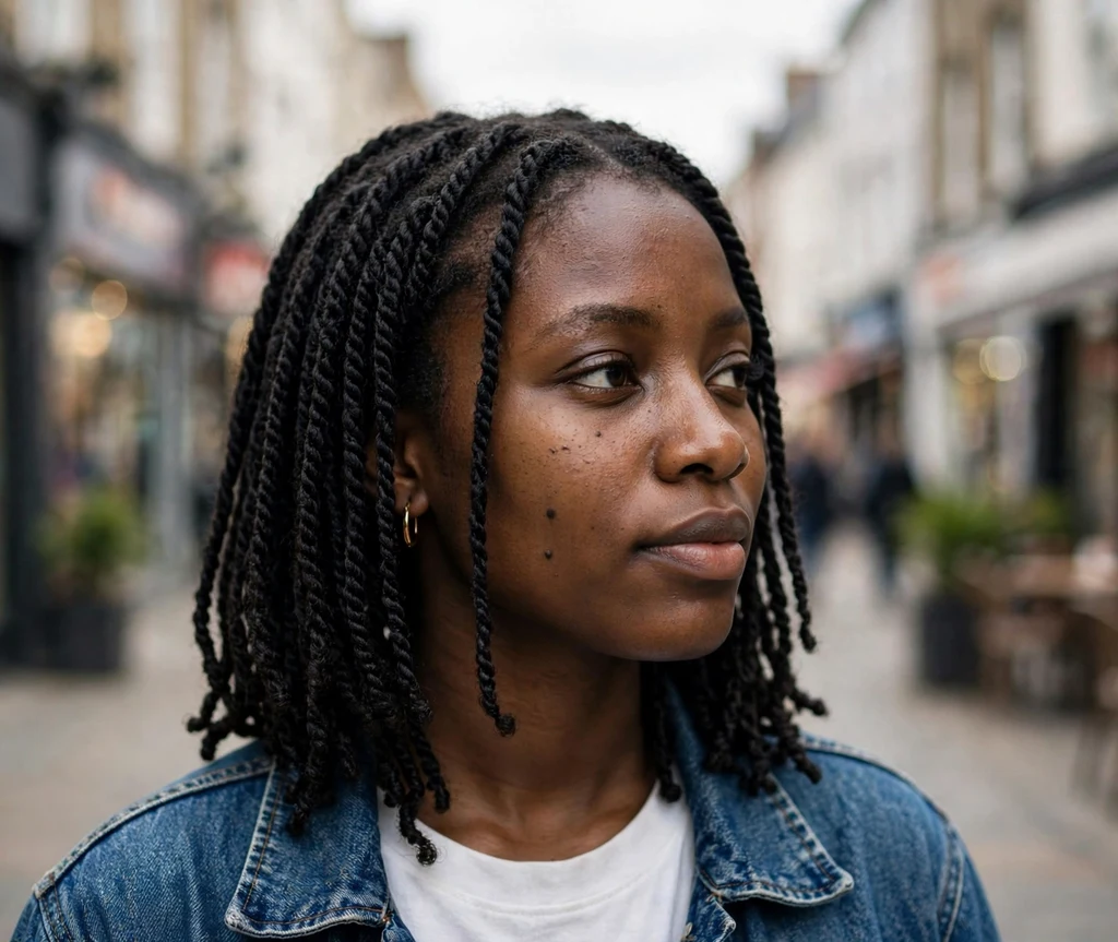 Black woman with shoulder-length Senegalese twists on a city street