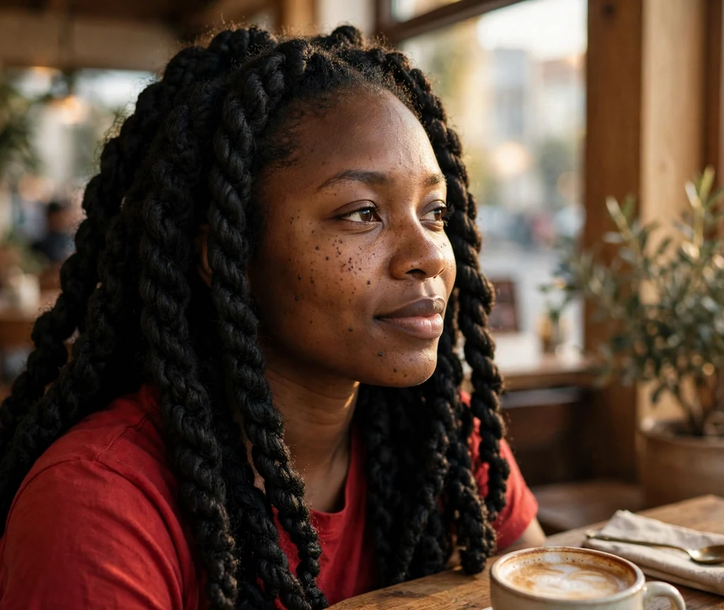 Black woman with jumbo Senegalese twists sitting at a café