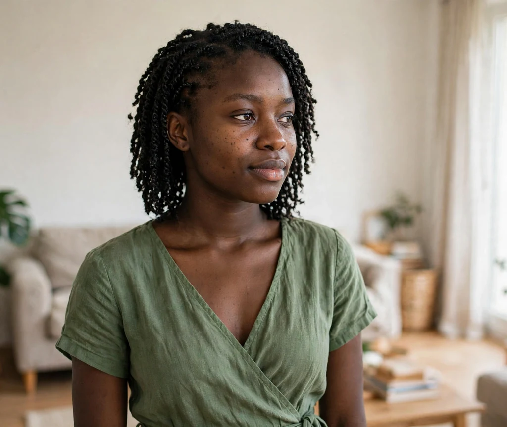 Black woman with delicate mini Senegalese twists at home