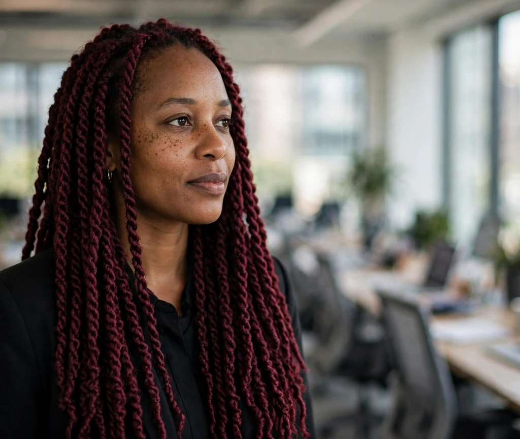Black woman with rich burgundy Senegalese twists in a modern office