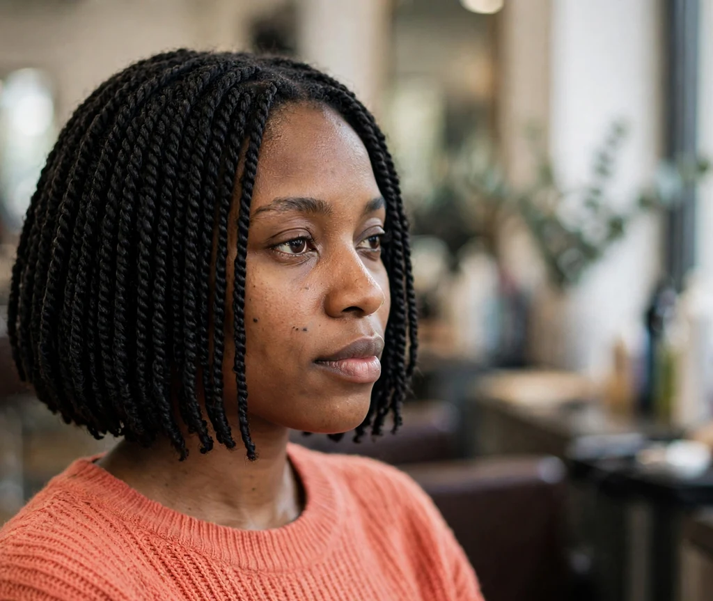 Black woman with a chin-to-shoulder Senegalese twist bob in a salon