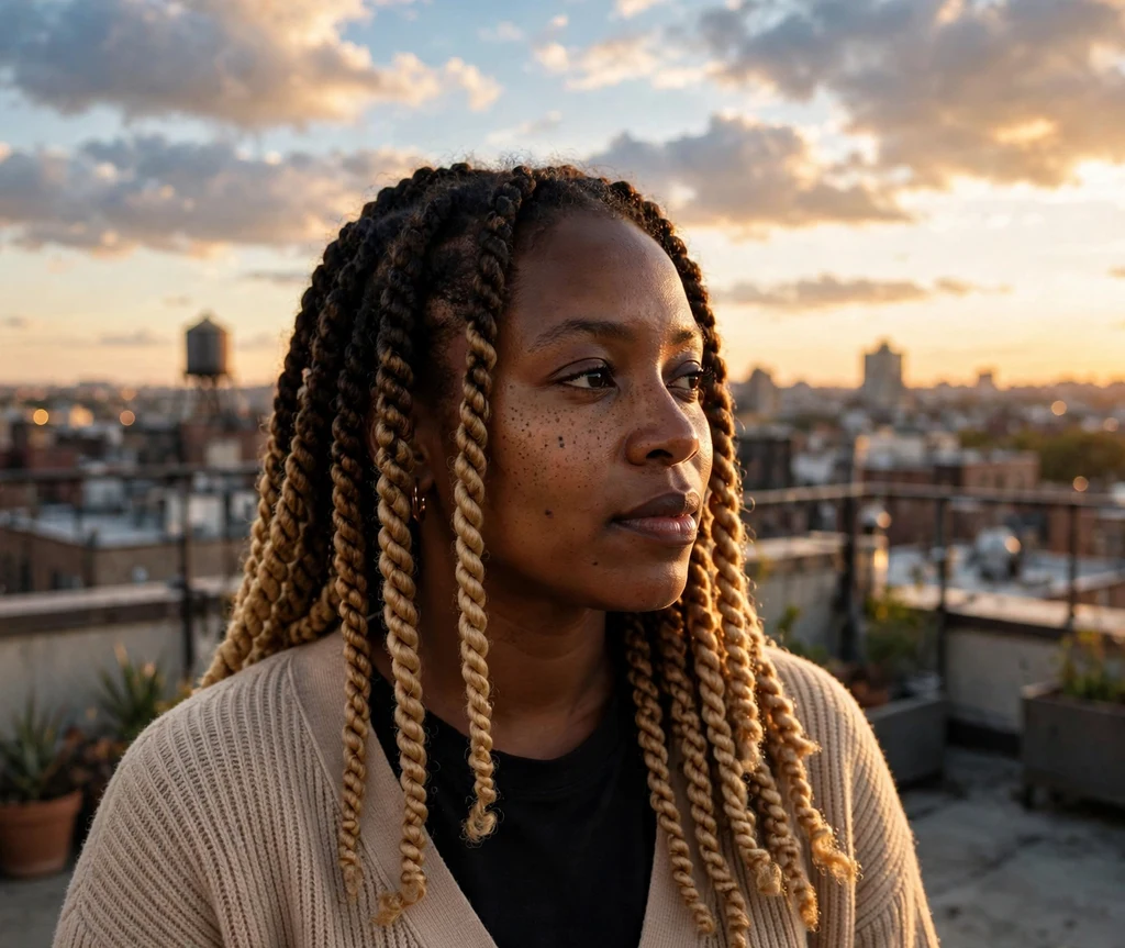 Black woman with ombre brown-to-honey Senegalese twists on a rooftop