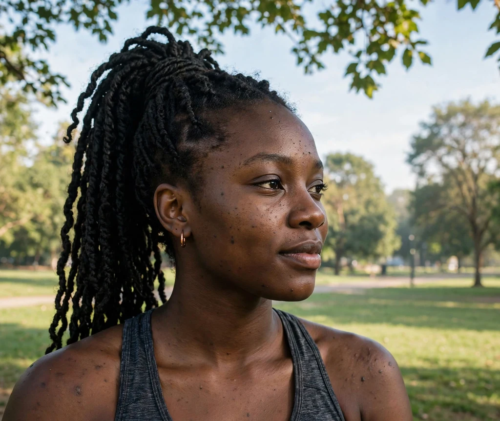 Black woman with Senegalese twists in a high ponytail in a park