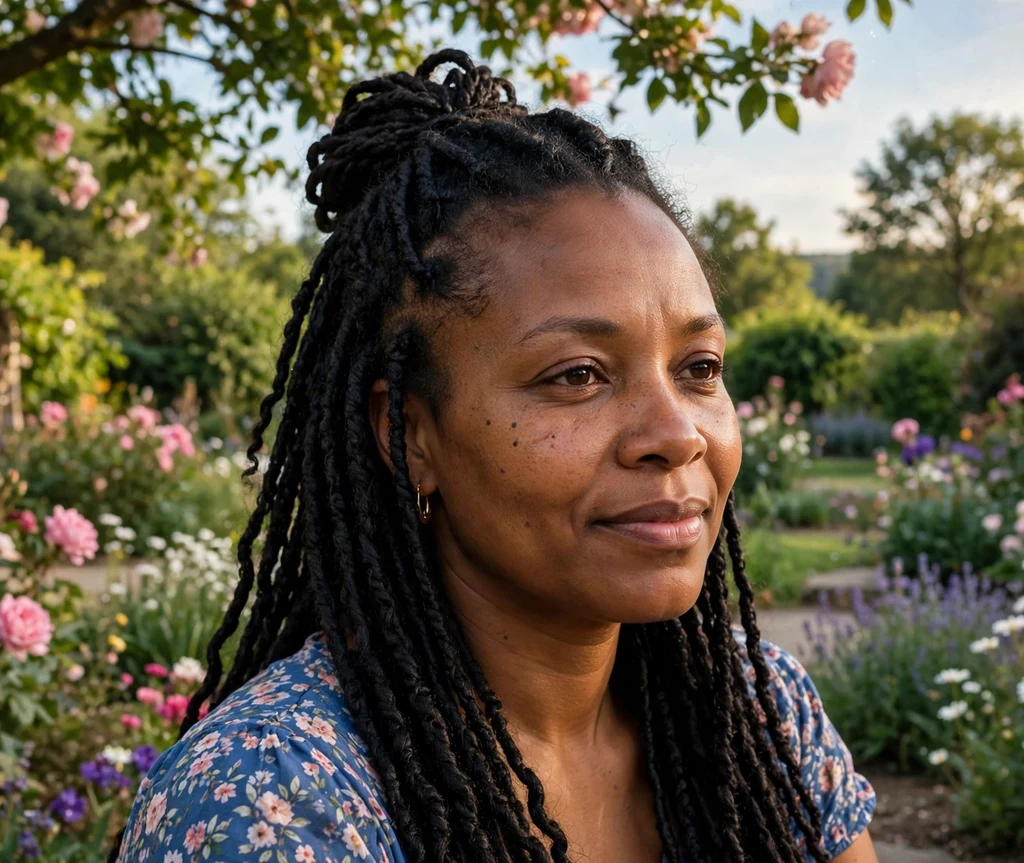 Black woman with half-up Senegalese twists in a blooming garden