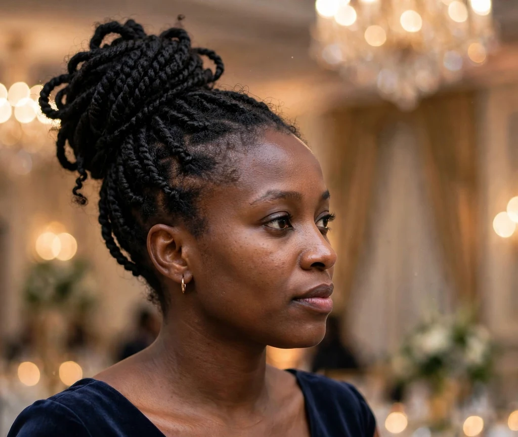 Black woman with an elegant Senegalese twist bun updo at a formal event