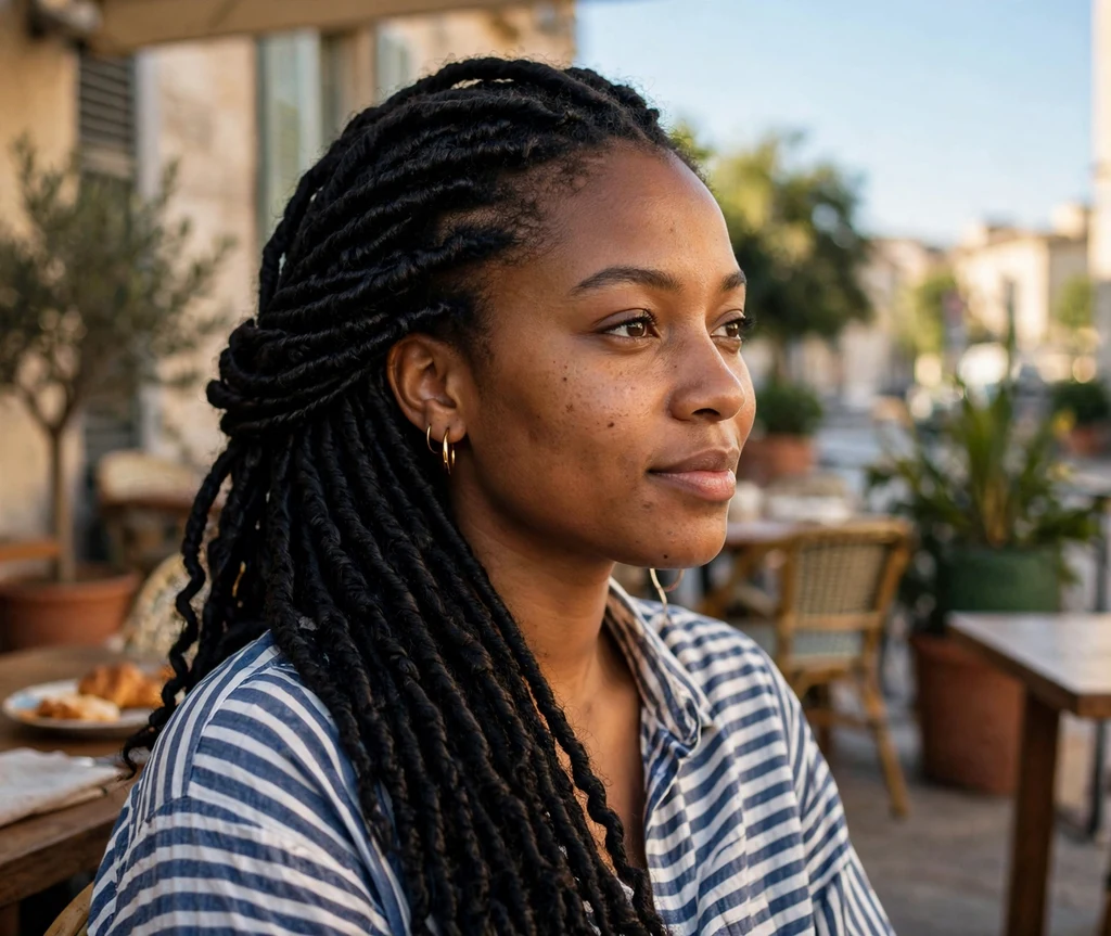 Black woman with side-swept Senegalese twists on a café terrace