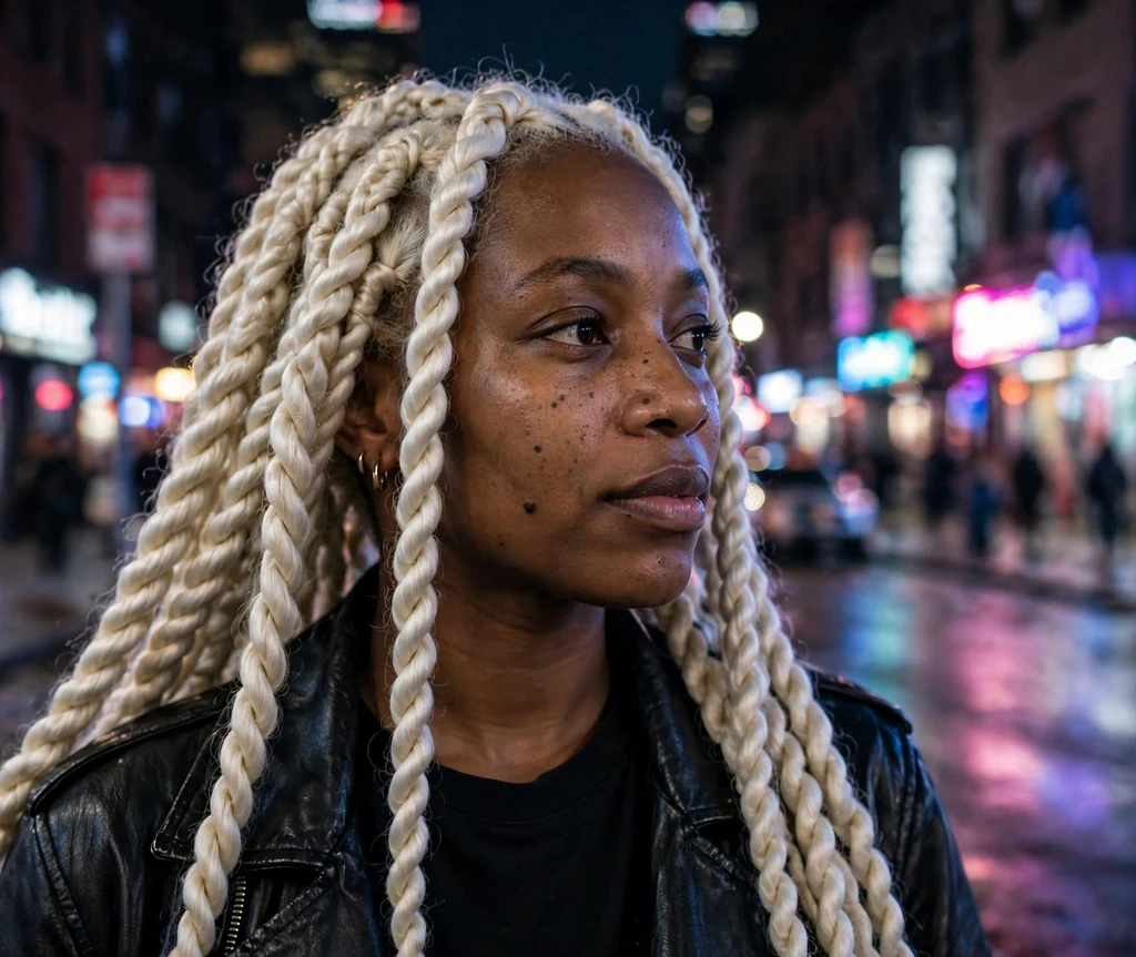 Black woman with platinum blonde Senegalese twists on a night street