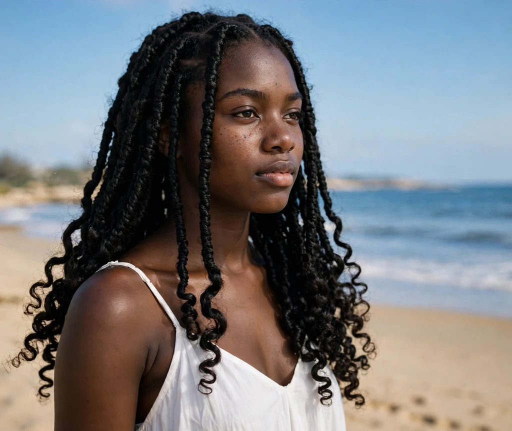 Black woman with Senegalese twists with curly ends on a beach
