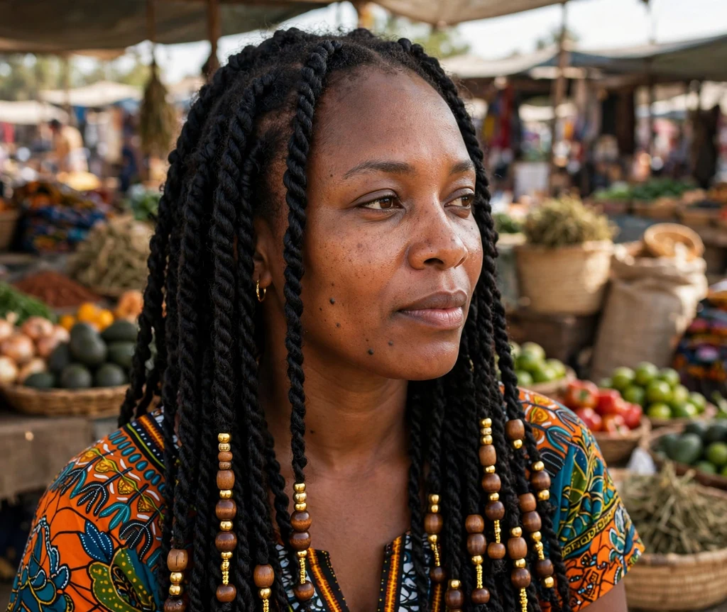 Black woman with beaded Senegalese twists at an outdoor market