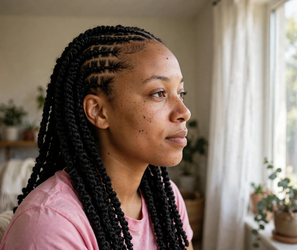 Black woman with crochet Senegalese twists at home in soft window light