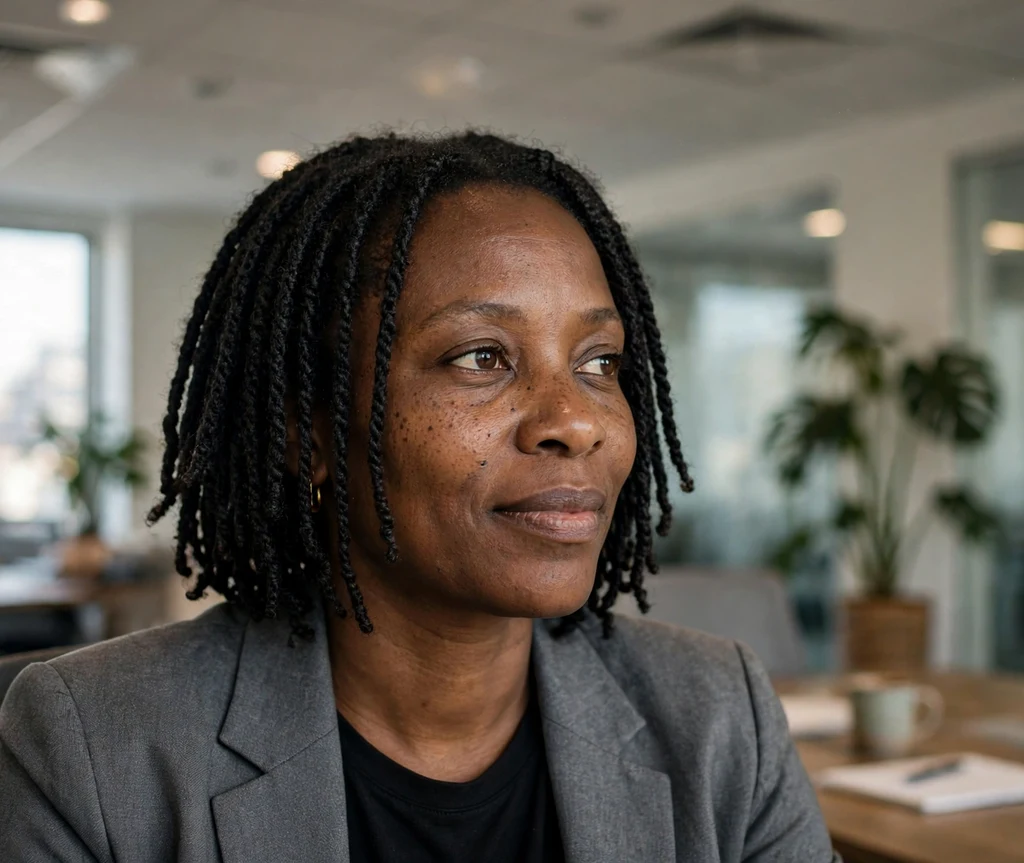 Black woman in her 40s with short chin-length Senegalese twists in an office