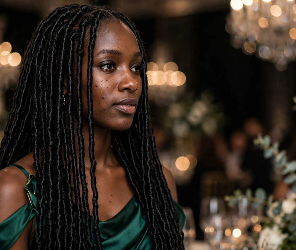 Black woman with jet-black extra-long Senegalese twists at a gala