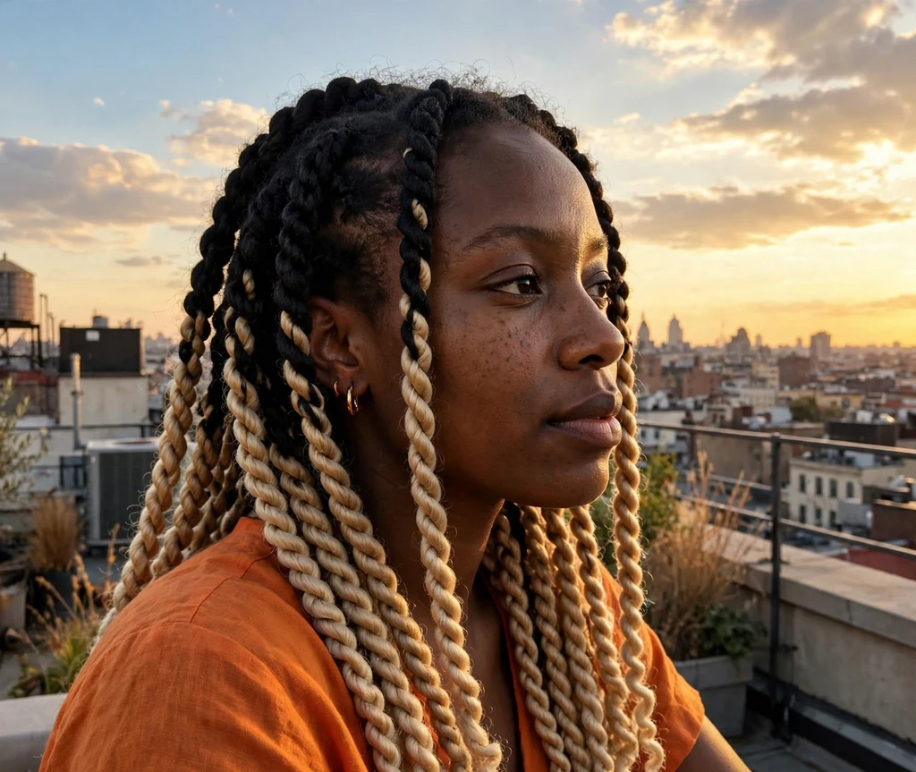 Black woman with two-tone black and blonde Senegalese twists on a rooftop