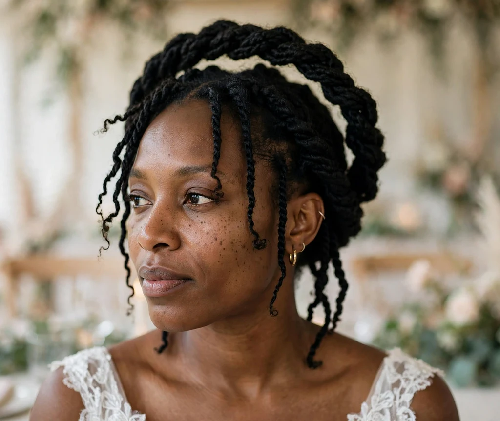 Black woman with a Senegalese twist crown updo wearing a white wedding dress