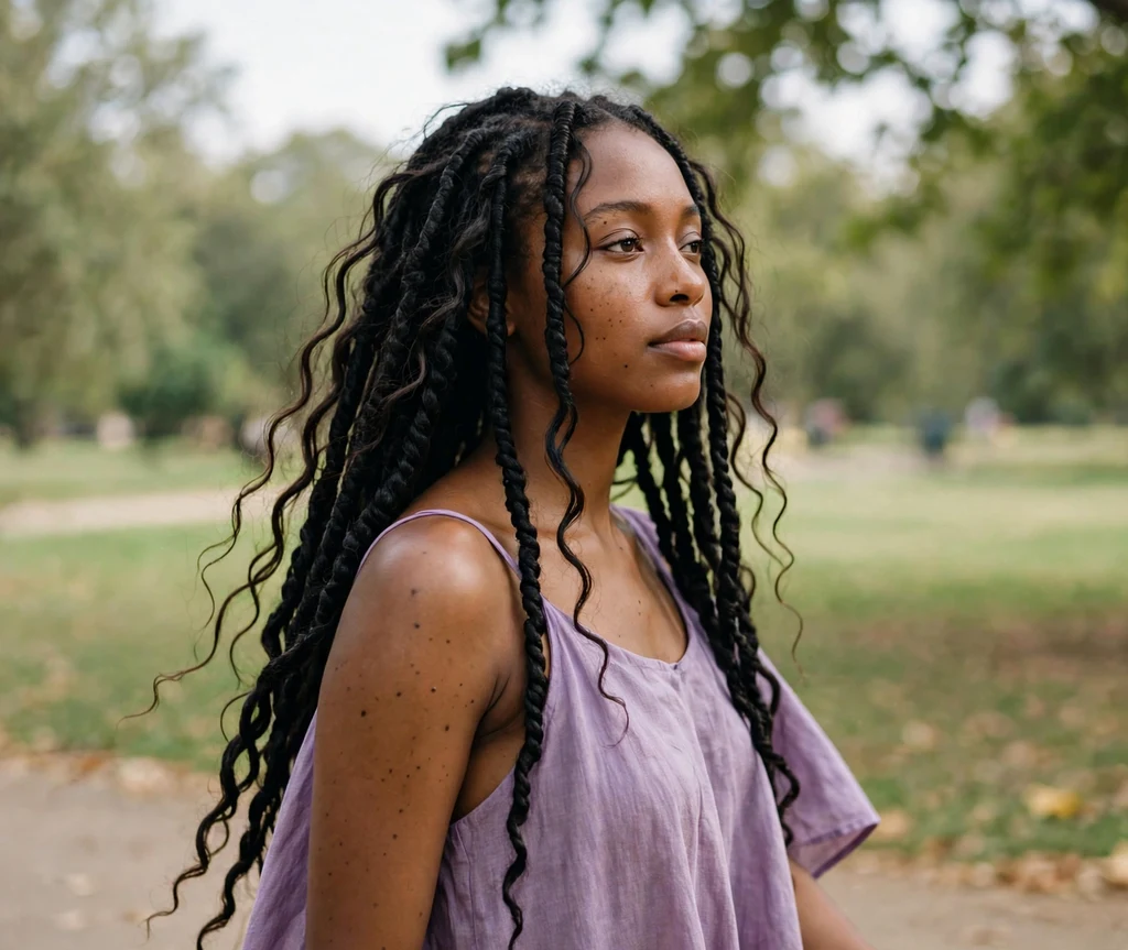 Black woman with wavy goddess Senegalese twists in a park