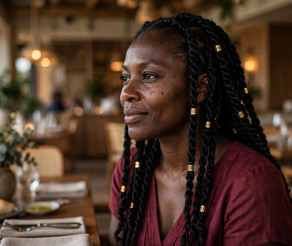Black woman with Senegalese twists decorated with gold hair cuffs in a restaurant