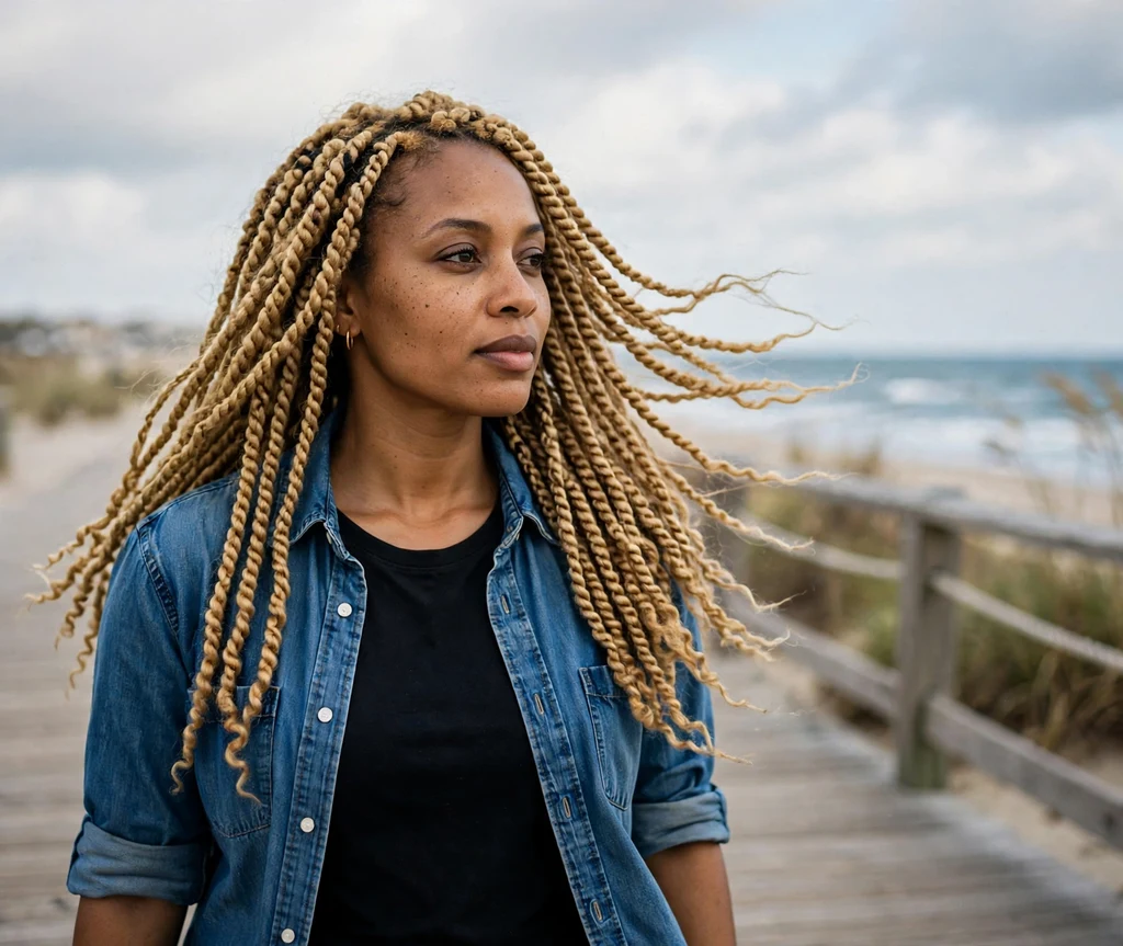 Black woman with honey-blonde Senegalese twists on a beach boardwalk