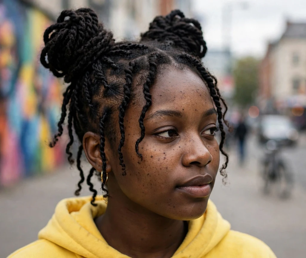 Young Black woman with Senegalese twists styled in double buns outdoors