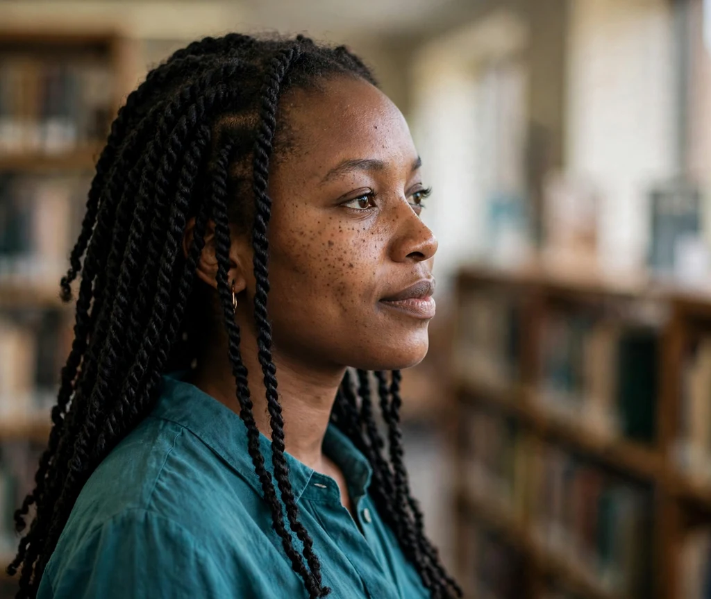 Black woman with mid-back length Senegalese twists in a library