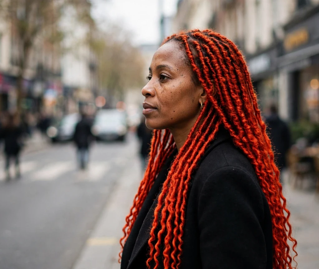 Black woman with fiery red Senegalese twists walking on a city street