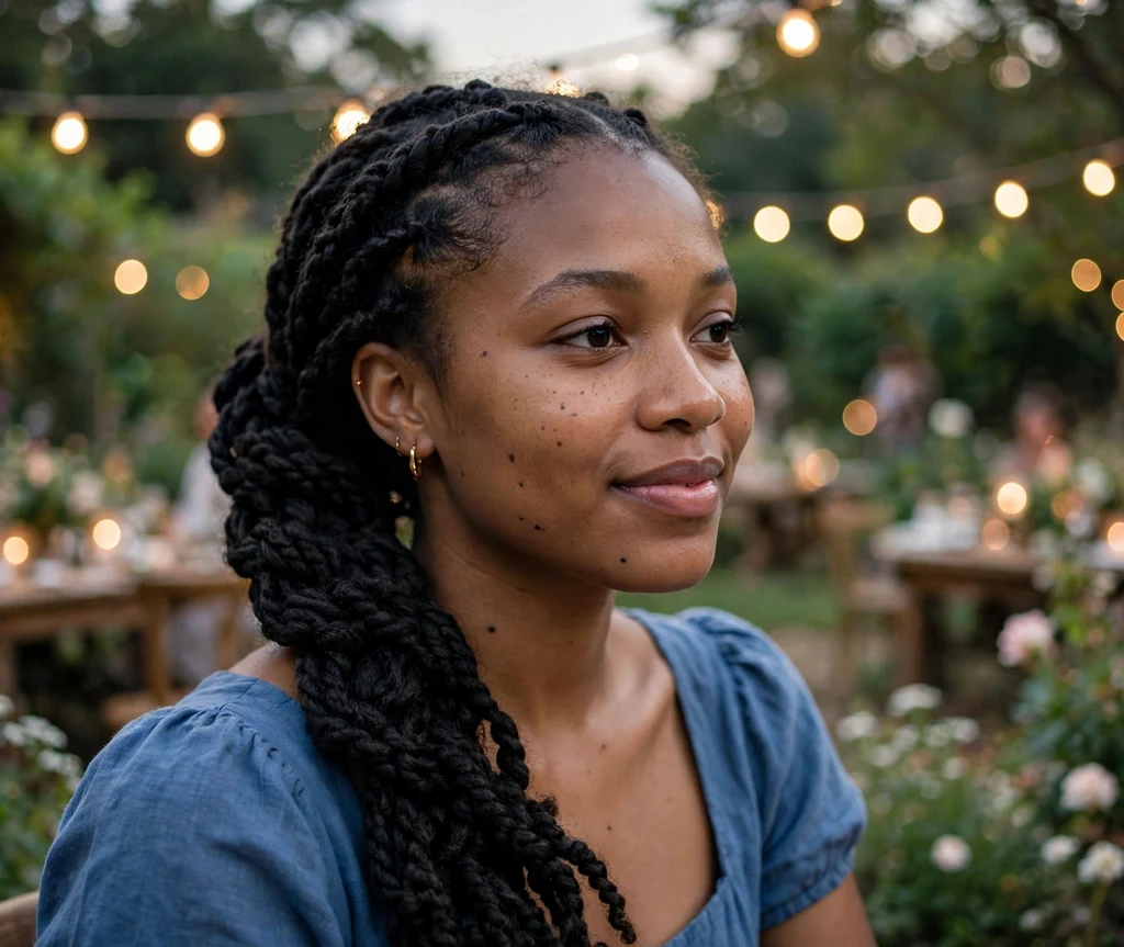Black woman with Senegalese twists styled into a thick side braid at a garden party