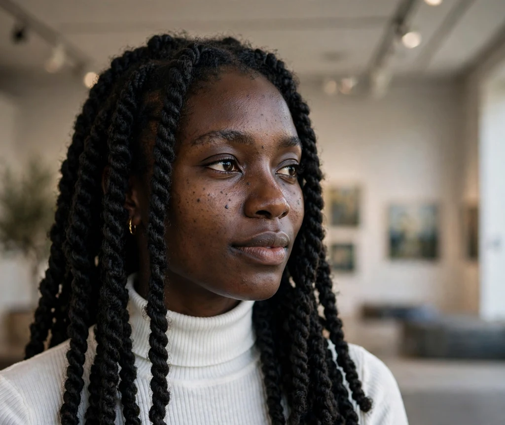 Black woman with medium chunky Senegalese twists in an art gallery
