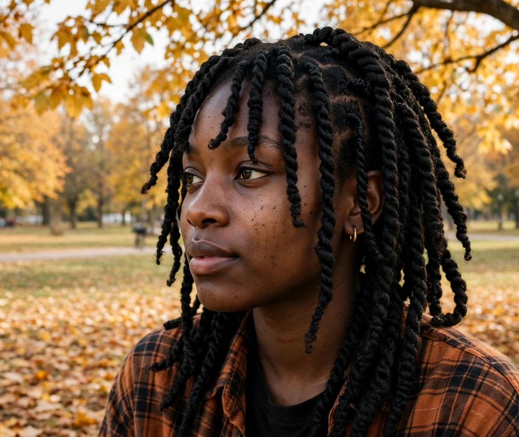 Black woman with layered Senegalese twists in an autumn park