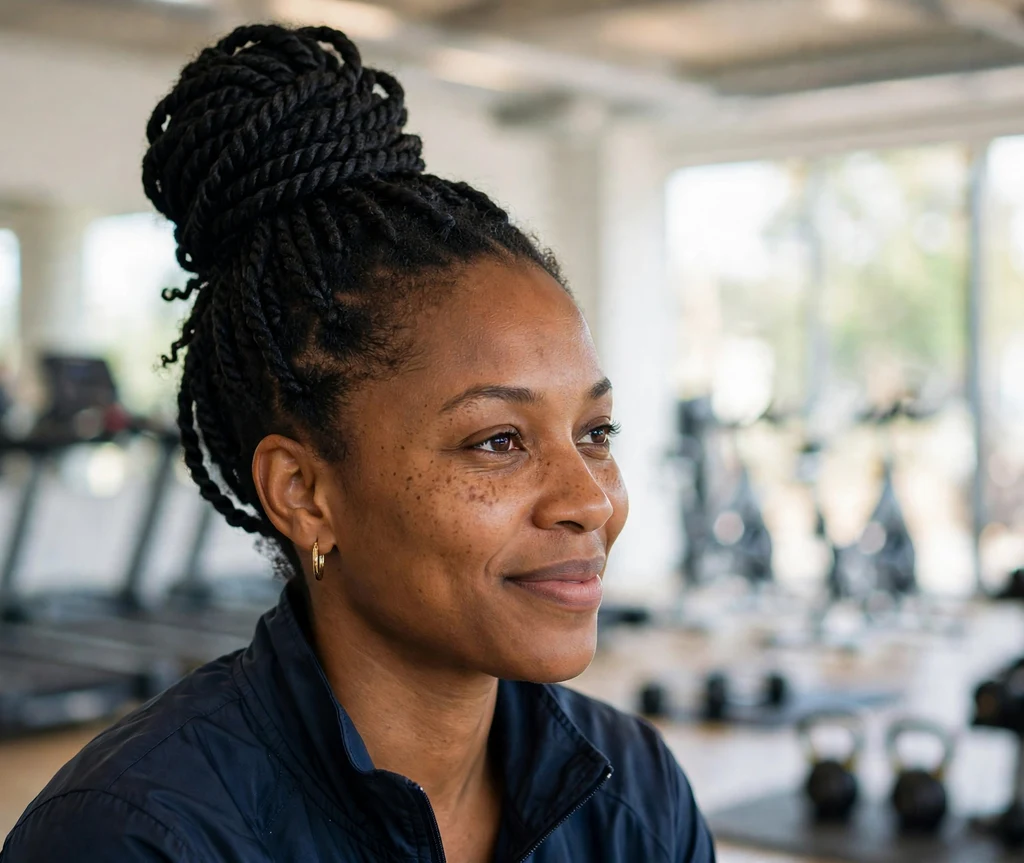 Black woman with Senegalese twists in a sleek top knot at a gym