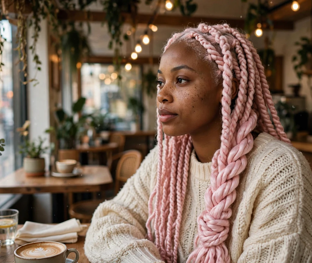 Black woman with pastel pink Senegalese twists in a cozy coffee shop