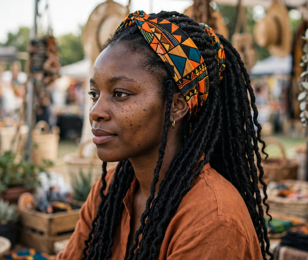 Black woman with Senegalese twists styled with a printed headband at an outdoor market