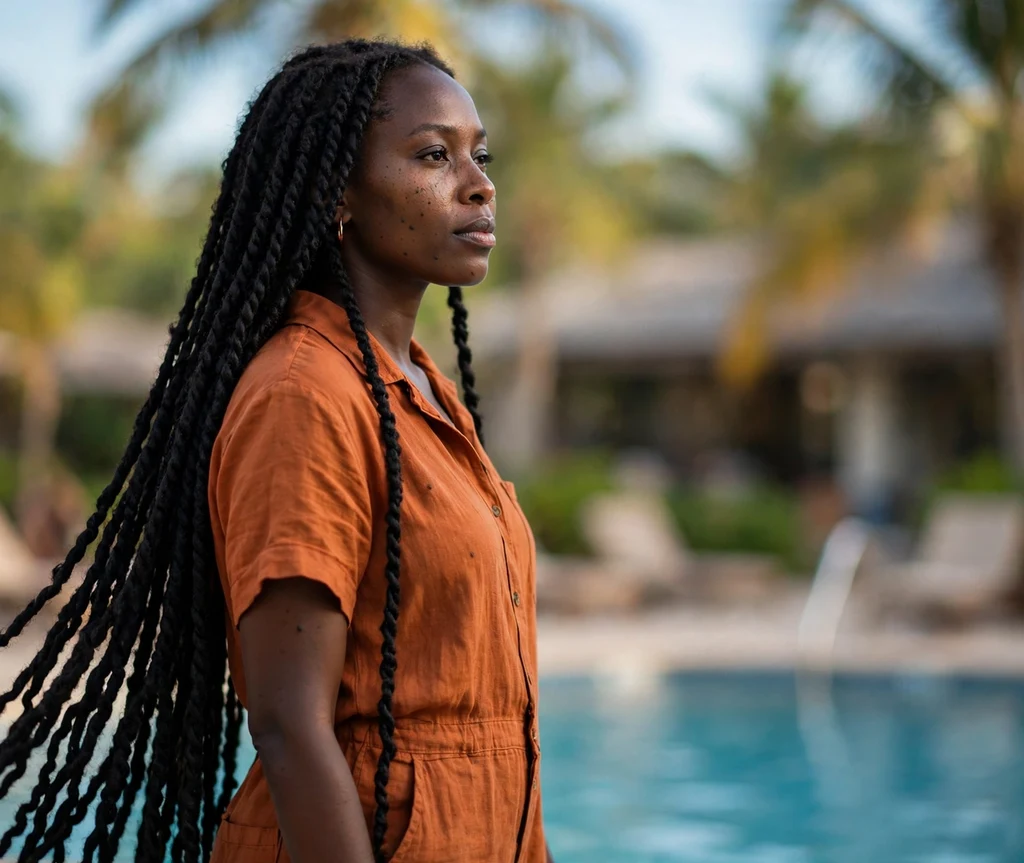 Black woman with hip-length Senegalese twists by a resort pool