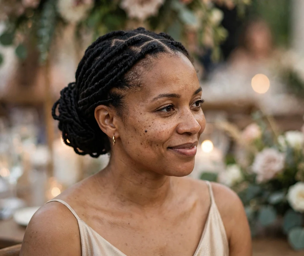 Black woman with Senegalese twists in a low chignon at a wedding