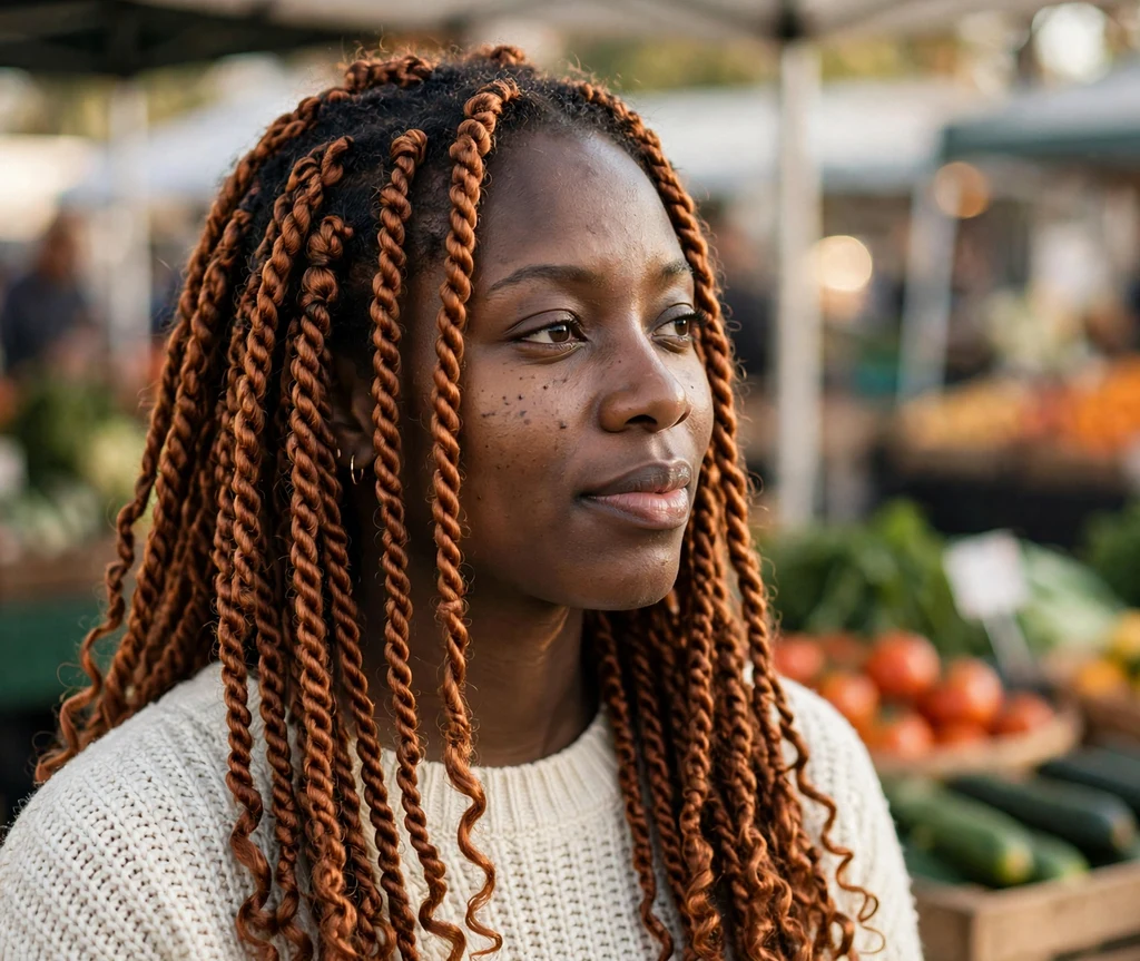 Black woman with copper-colored Senegalese twists at a farmers market