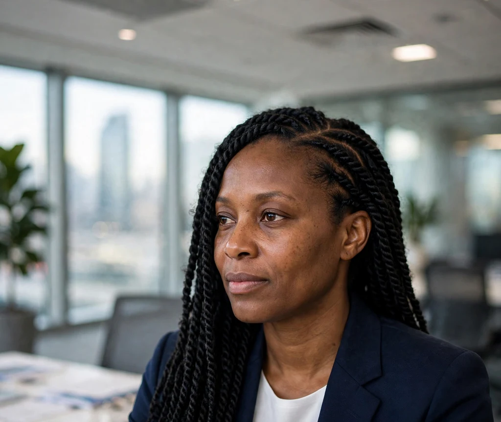 Black woman with deep side part Senegalese twists in a corporate office