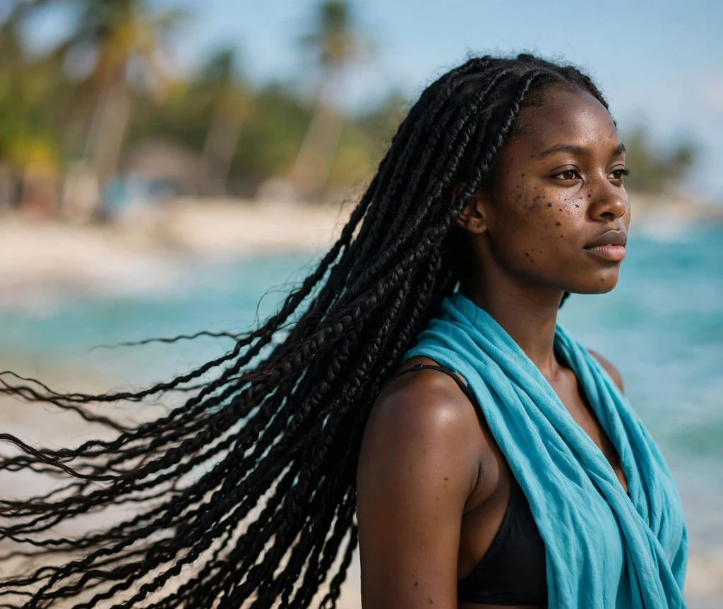 Black woman with mermaid-long Senegalese twists on a tropical beach