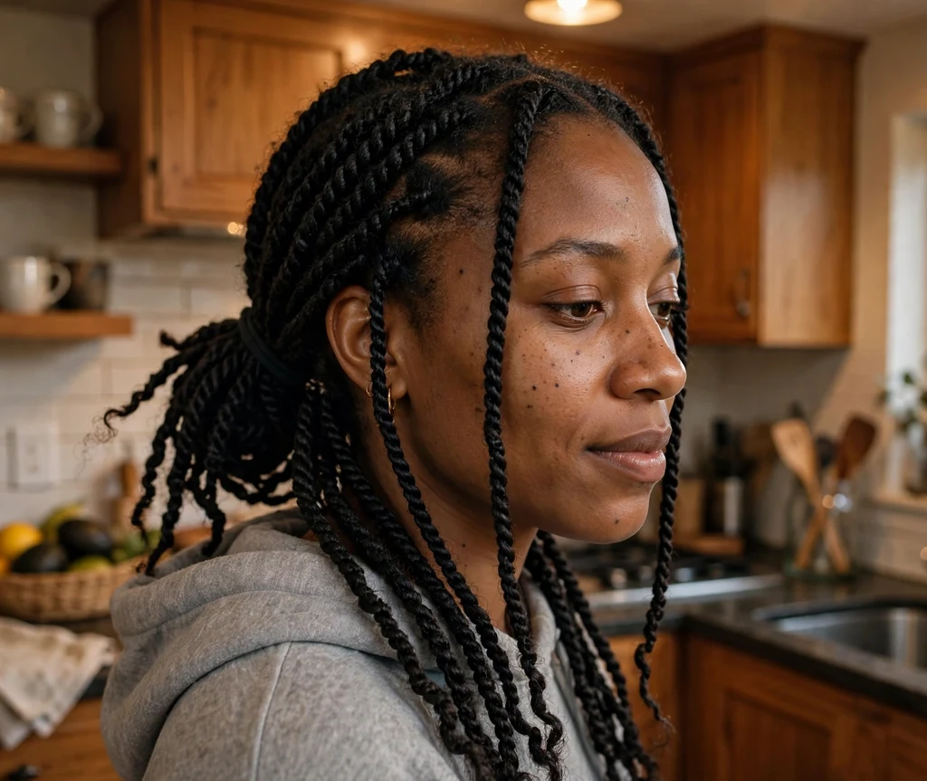 Black woman with Senegalese twists in a casual low ponytail in a home kitchen
