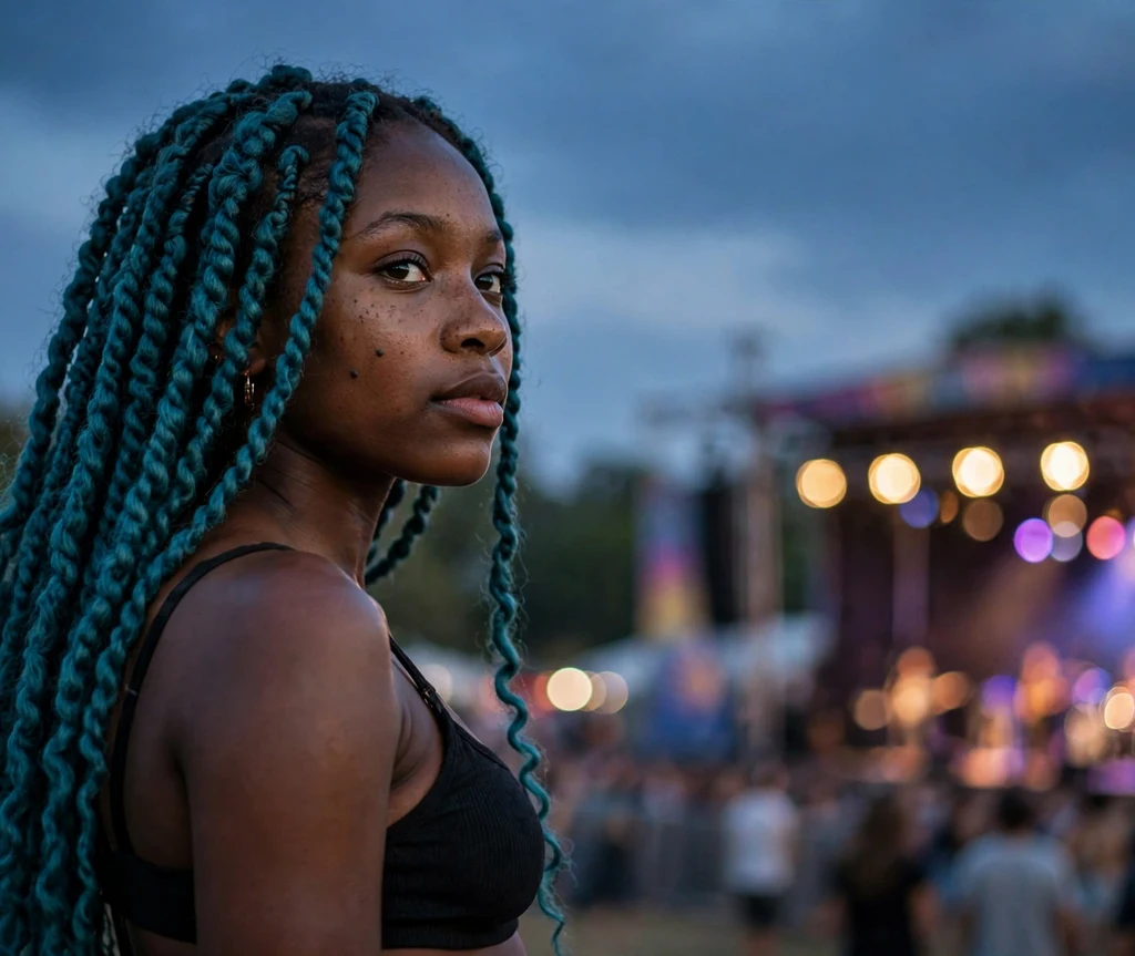 Black woman with teal blue Senegalese twists at a music concert