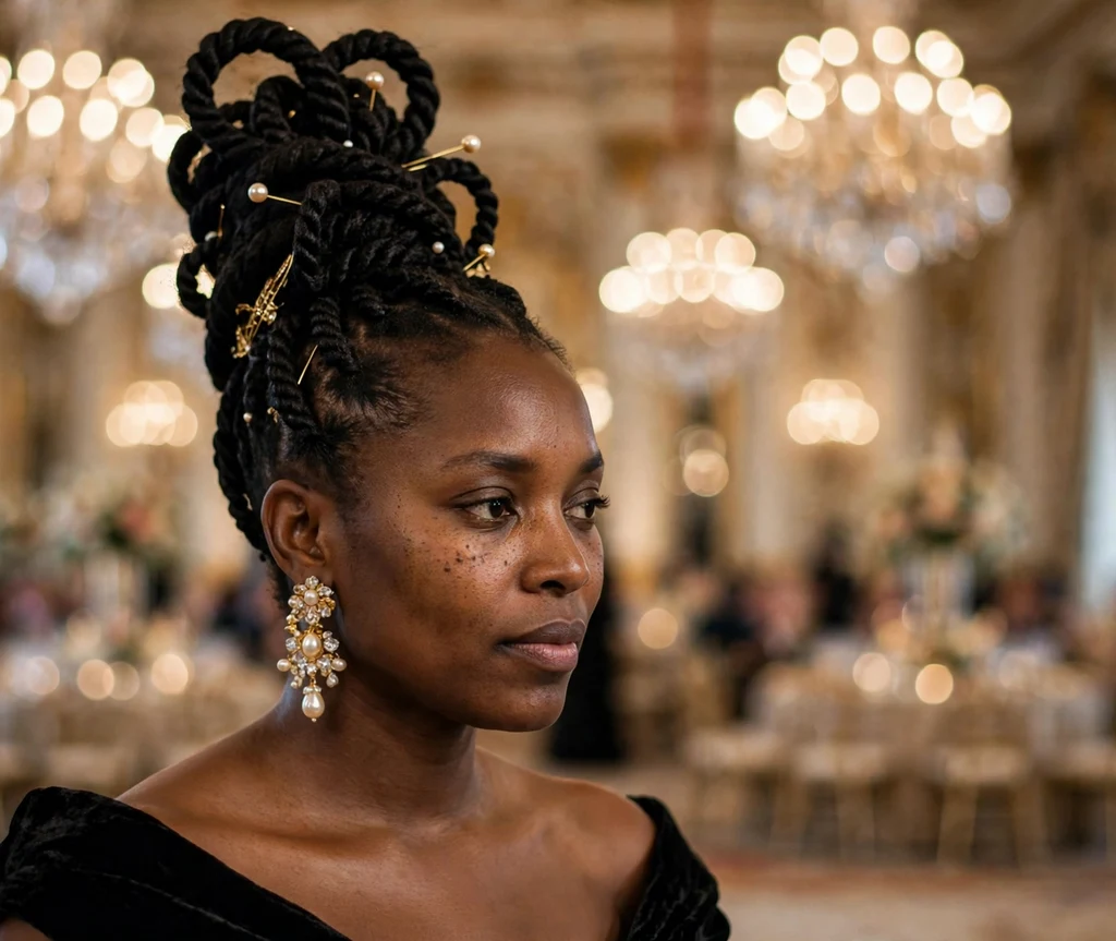 Black woman with a formal Senegalese twist updo in a black evening gown in a ballroom