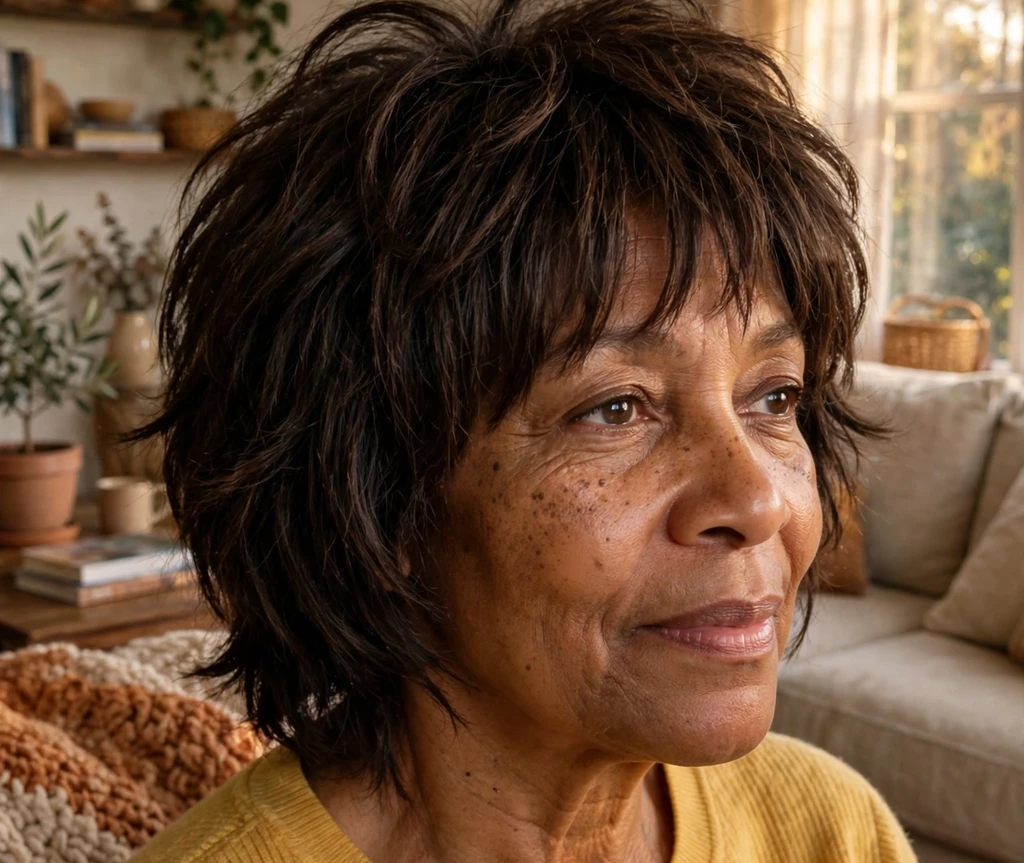 Woman over 50 with a classic dark brown layered shag haircut