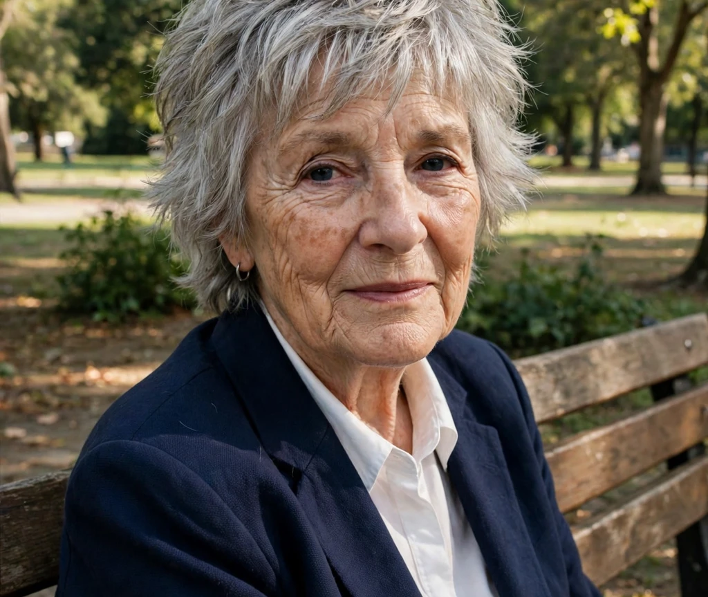 Woman over 50 with a silver shag haircut in a park