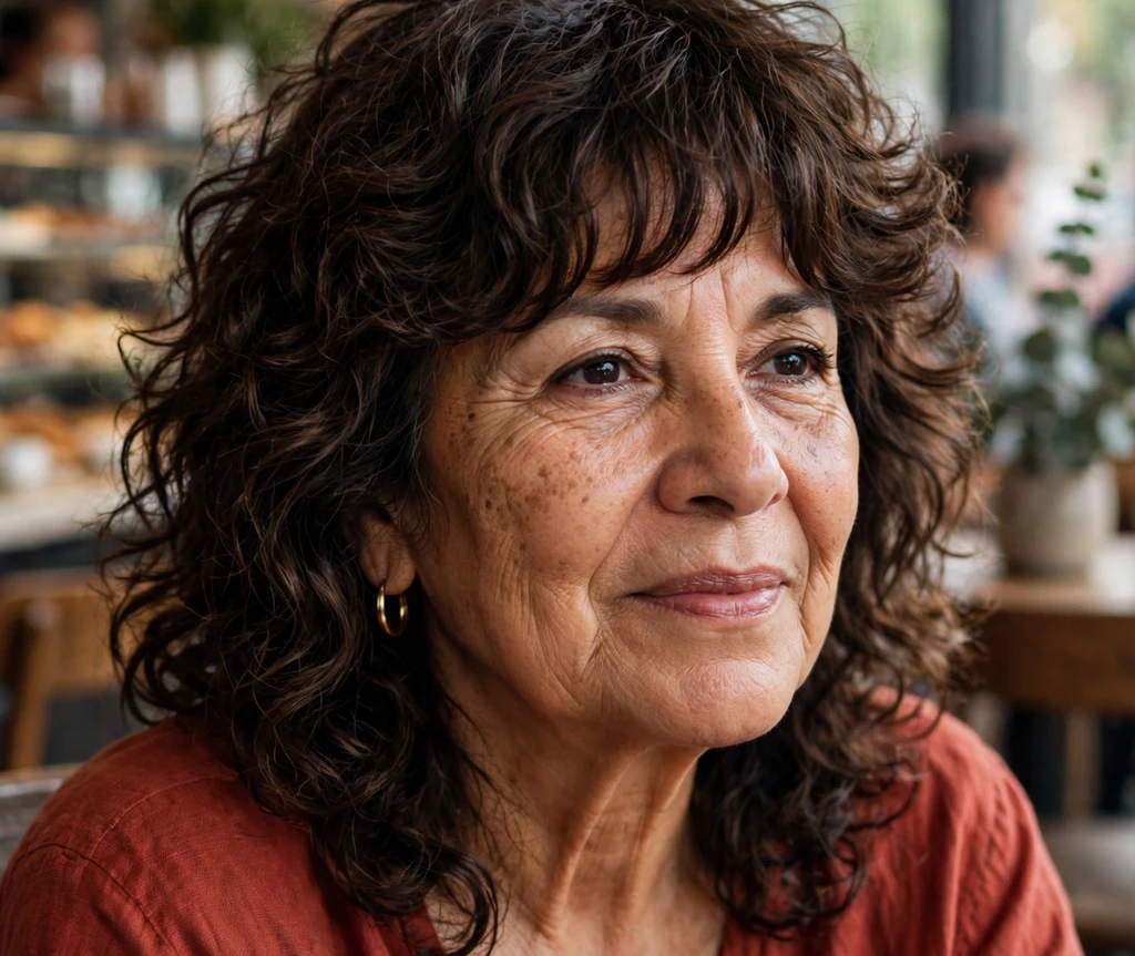 Woman over 50 with a curly shag haircut and bangs