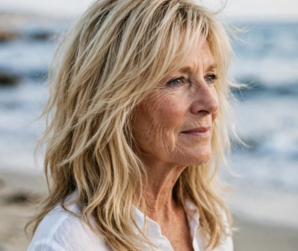 Woman over 50 with a long blonde layered shag haircut
