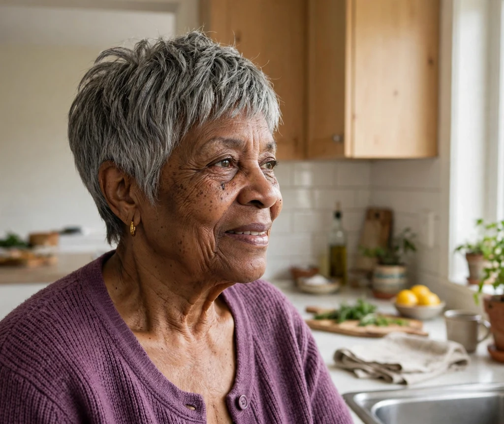 Woman over 50 with a short gray pixie shag haircut
