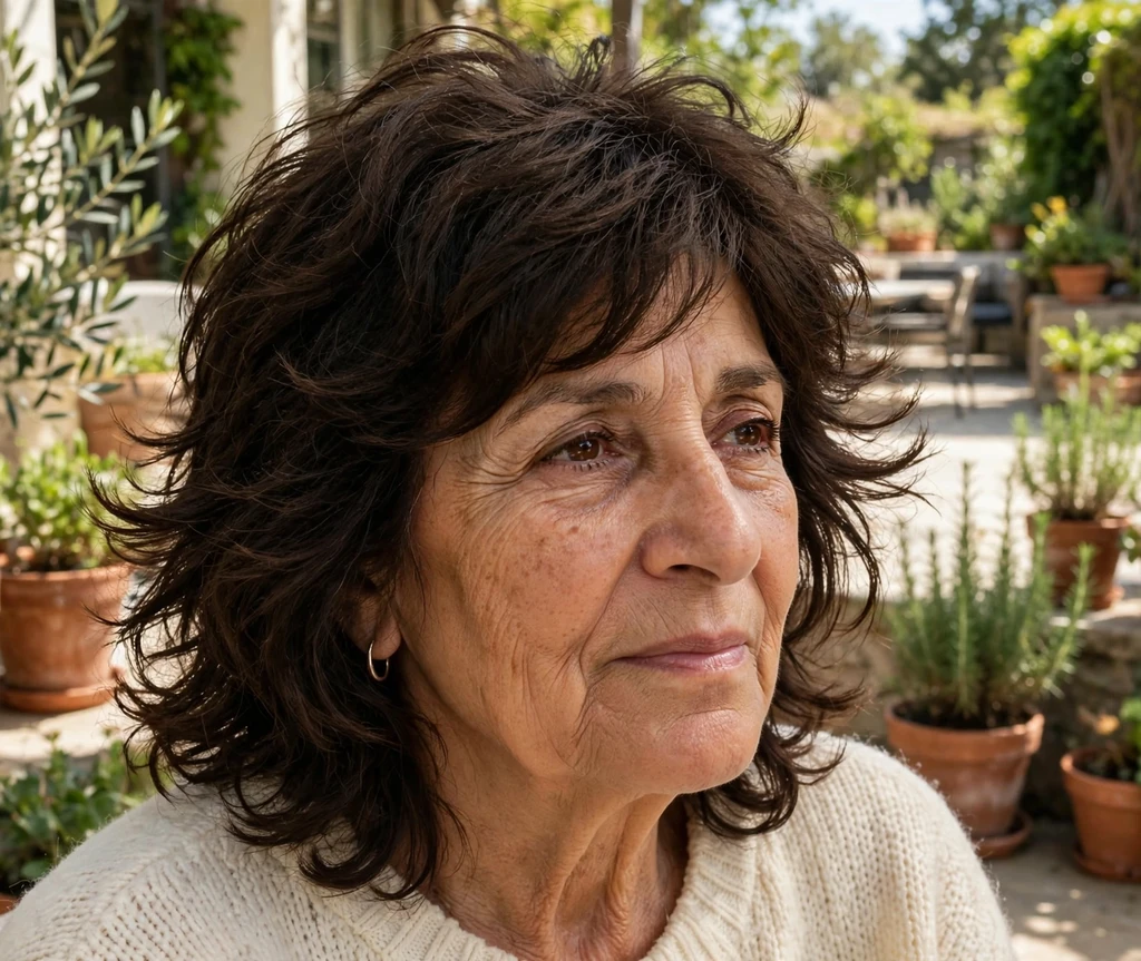 Woman over 50 with a feathered shag haircut