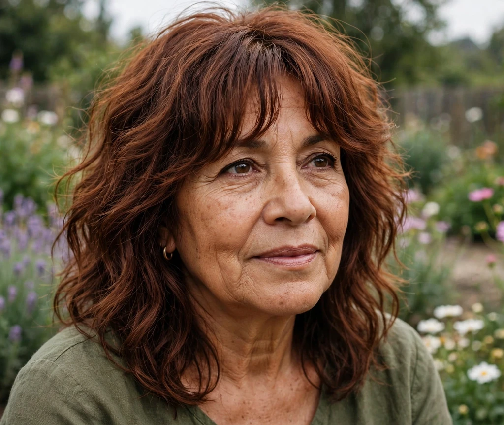 Woman over 50 with a wavy shag haircut and curtain bangs