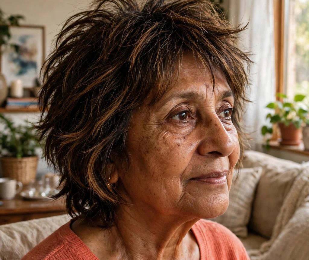Woman over 50 with a textured shag haircut with caramel highlights