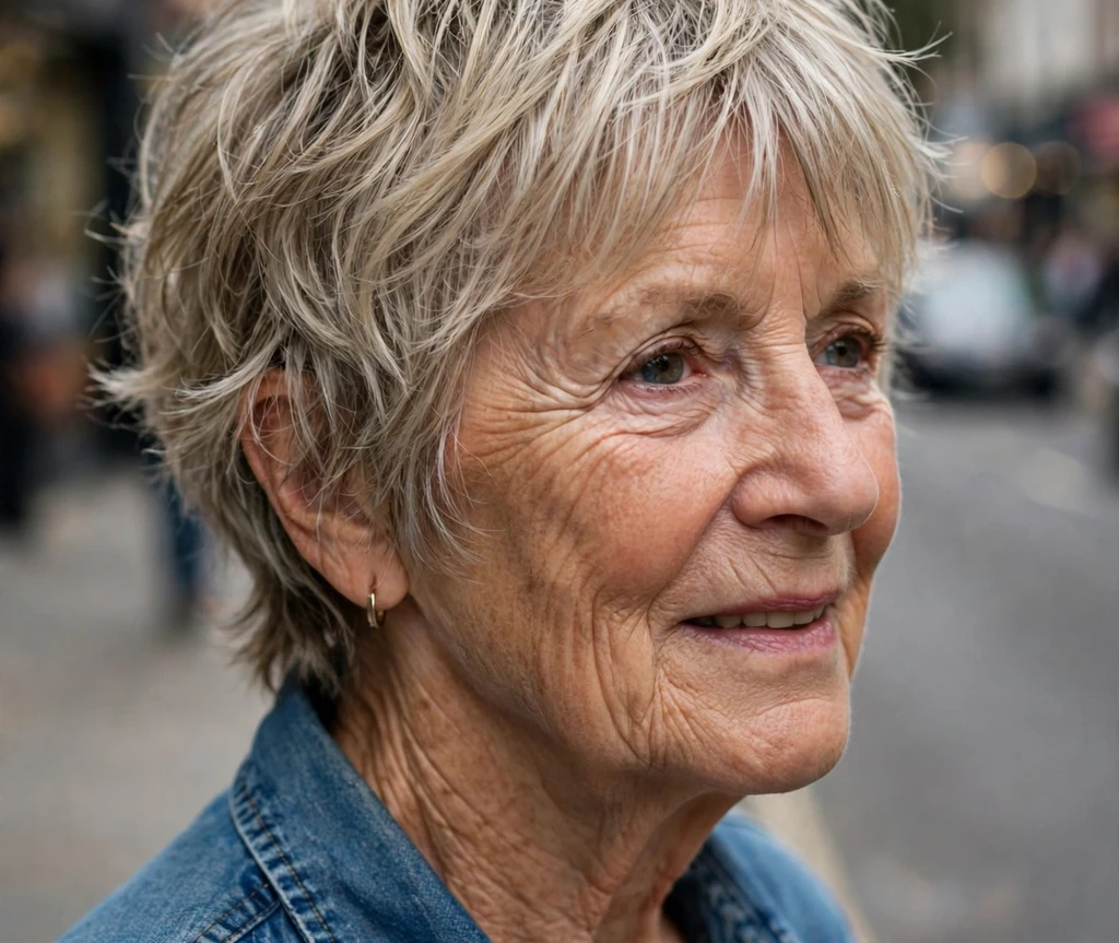 Woman over 50 with a short ash-blonde shag haircut with piecey layers