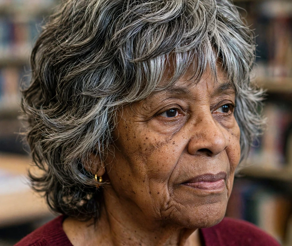 Woman over 50 with a salt-and-pepper shag haircut
