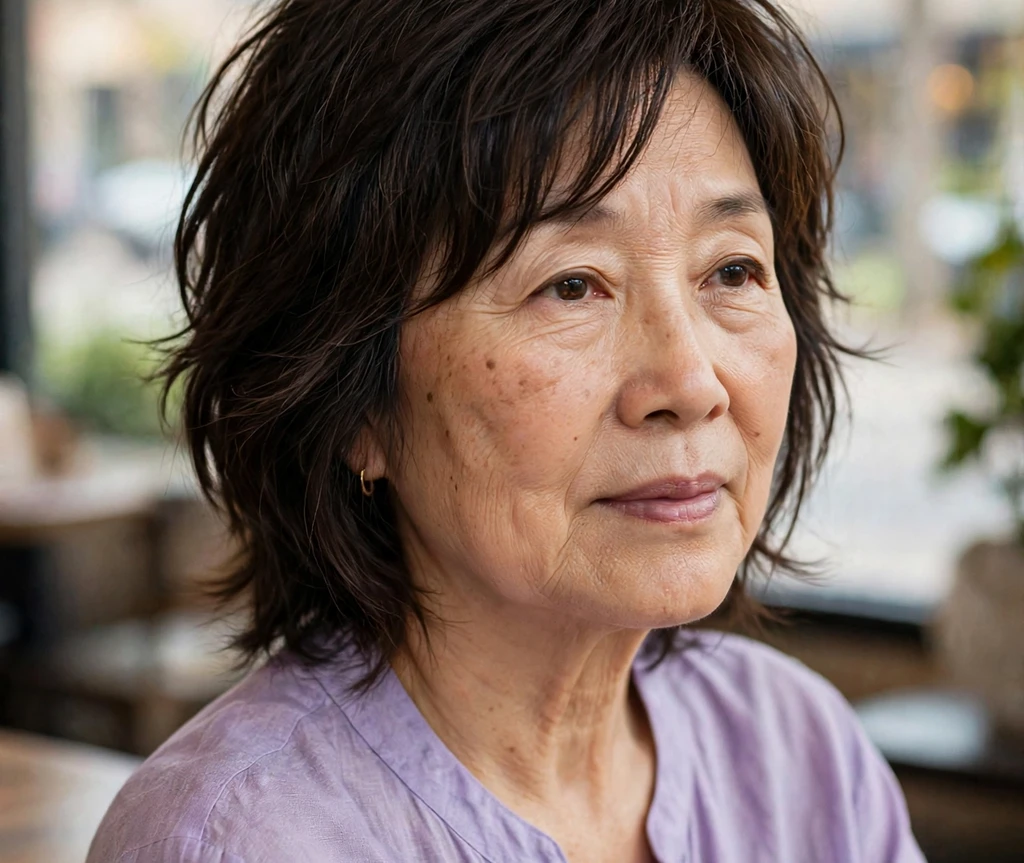 Woman over 50 with a shag haircut featuring face-framing layers