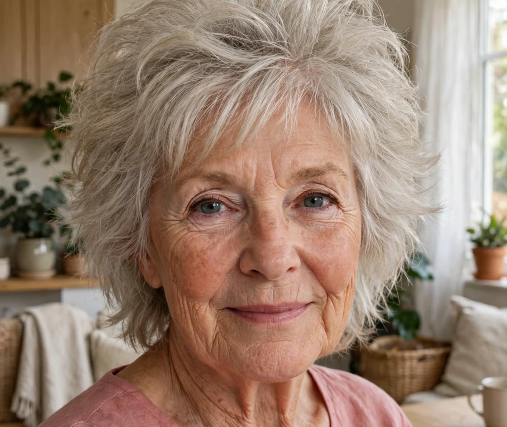 Woman over 50 with a voluminous shag haircut for fine hair